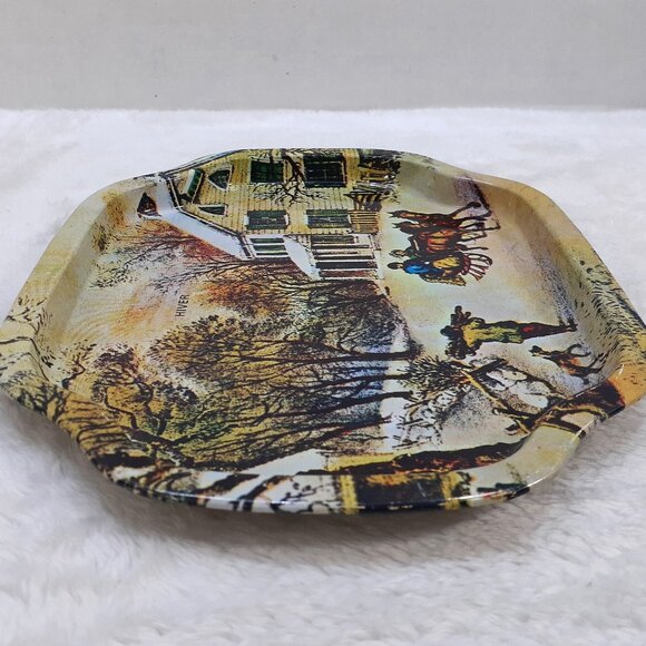 Vintage Action Industries Tin Tray Metal Plate Winter Scene 1985 Hong Kong - Picture 5 of 9